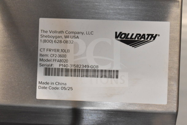 BRAND NEW 2025 Vollrath FFA8020 countertop fryer, single bay, 120V, 1 phase. Scratch and dent condition. Label shows model and serial number.
