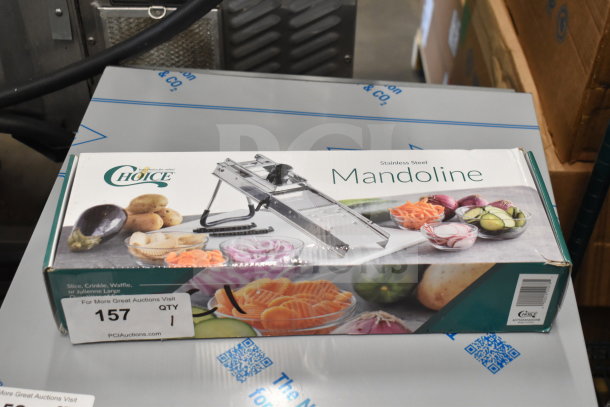 Brand new Choice 407SSMANO3IB stainless steel mandoline, box features 2 built-in blades, 3 interchangeable julienne blades.