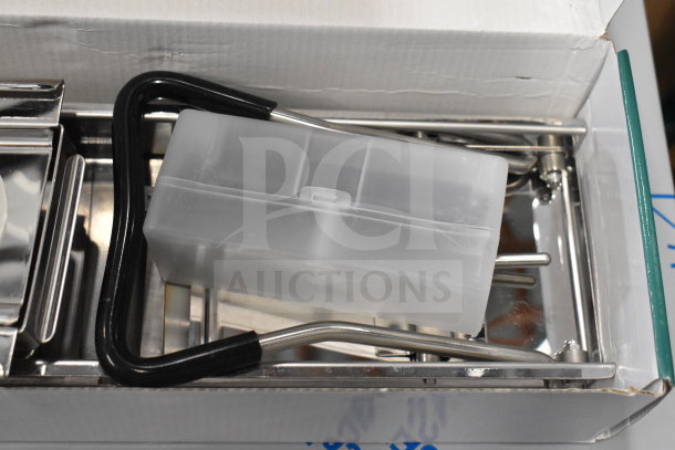 BRAND NEW Choice Stainless Steel Mandoline, 407SSMANO3IB, with 2 built-in blades, 3-piece julienne blade set, in box.