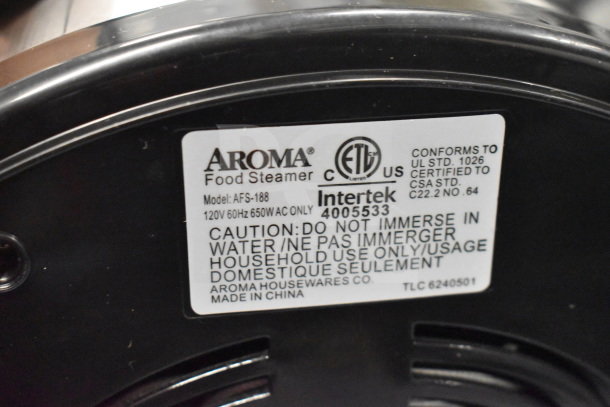 BRAND NEW Aroma AFS-188 5 Quart Food Steamer, 120V, 1 Phase. Label shows product info and safety warnings.