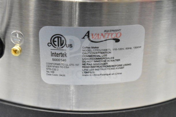 Brand new Avantco 100-cup stainless steel coffee urn; ETL certified, 120V, 1 phase. Scratch and dent.
