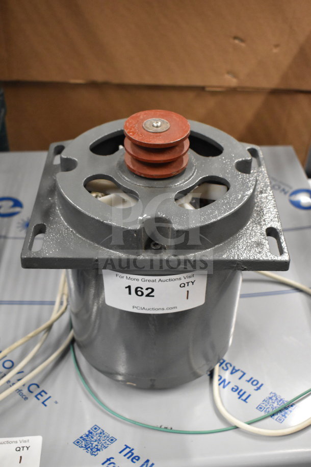 Brand new scratch and dent YC167-4-X motor, 240 volts. Visible auction label indicates lot 162, quantity 1.