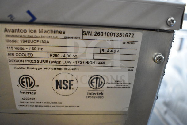 Avantco 194EUCF130A undercounter ice machine label showing specs: 115 Volts, R290 refrigerant, design pressure 175-440 psig.