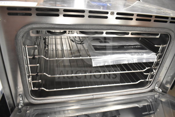 Brand new Vollrath COV-120-HS half-size countertop convection oven with interior racks, visible broken glass. 120V, 1 Phase.