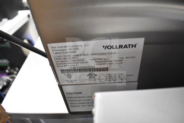 Brand new Vollrath COV-120-HS convection oven label, 120V, 1440W, showing model, serial number, and electrical specs.