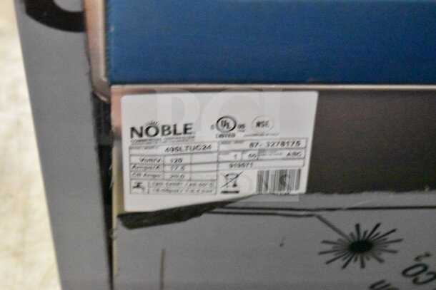 BRAND NEW Noble 495LTUC24 low-temp undercounter dishwasher, 120V, 1 Phase. Visible label details specs and certifications.