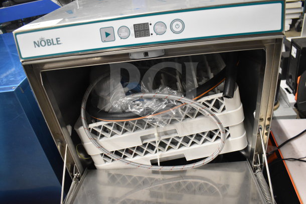 Brand new Noble 495LTUC24 Lo Temp undercounter dishwasher with visible scratch and dent marks, 120V, 1 Phase.