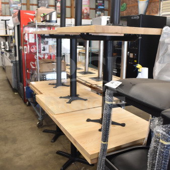 12 Wood Pattern Dining Height Tables on Black Metal Base. 12 Times Your Bid!