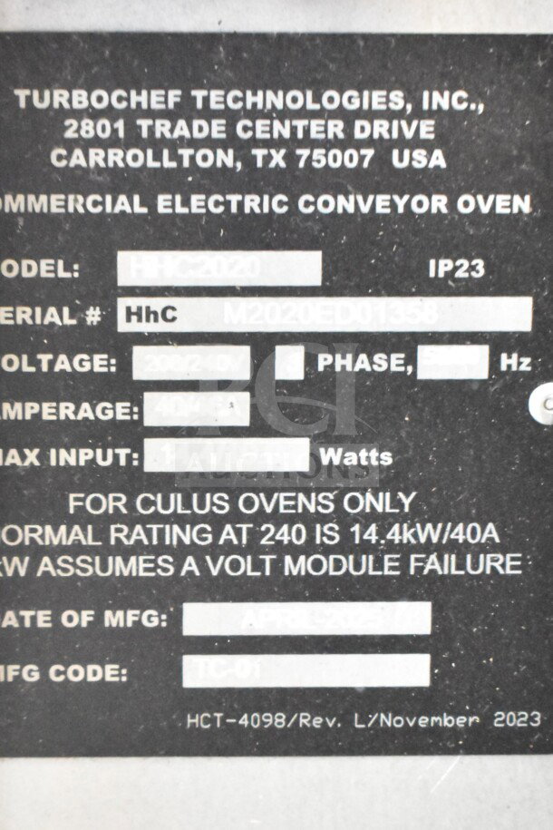 Label of Turbochef HhC2020 commercial electric conveyor oven, showing model, serial number, voltage, and amperage details.