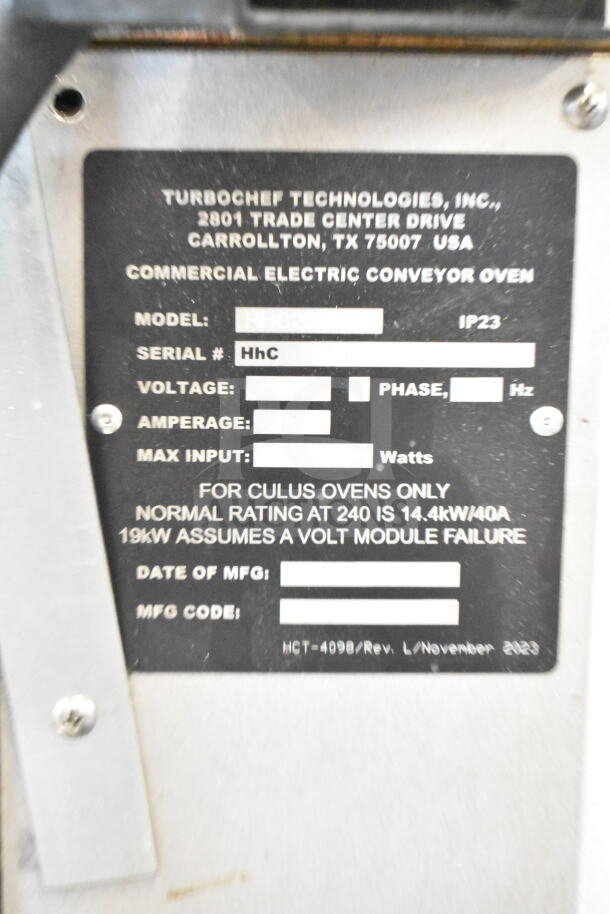 Turbochef HhC2020 commercial electric conveyor oven label; 208/240V, 3 phase; indicates model, serial, and specifications.