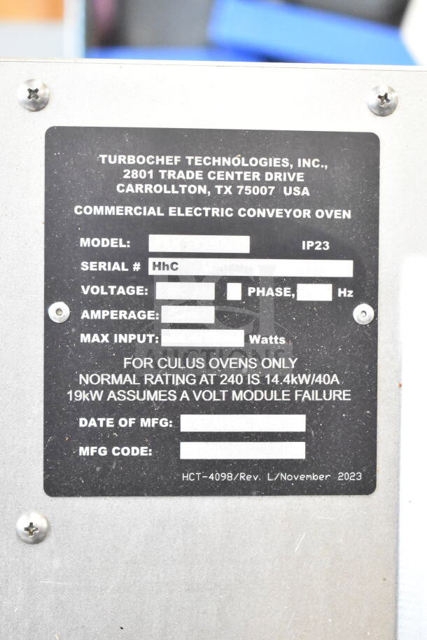 Turbochef HhC2020 label detailing model, serial number, voltage, and amperage for a commercial electric conveyor oven.