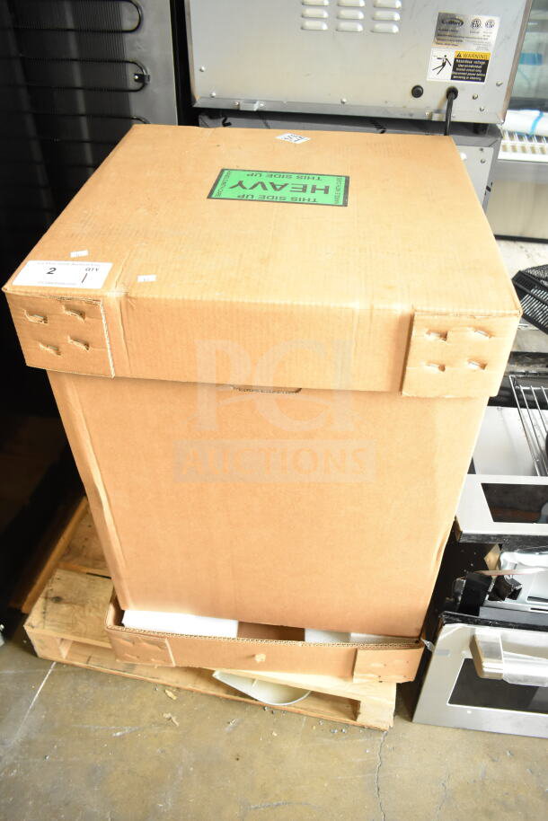 Brand new Perfect Fry PFC730 ventless countertop deep fryer in original packaging, labeled "This Side Up" and "Heavy."
