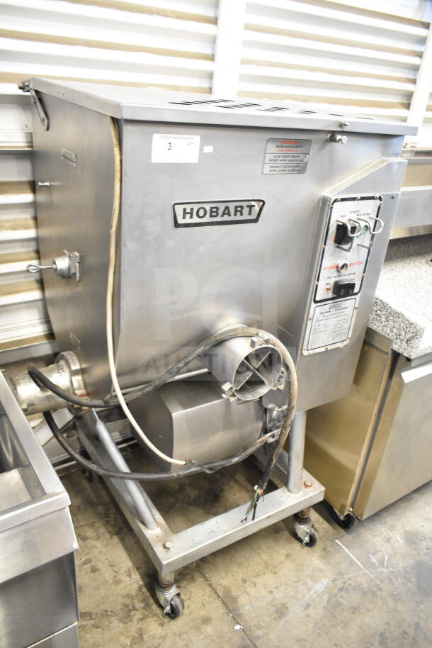 Hobart 4346 commercial meat mixer grinder, floor style, on casters, 200V, 3-phase, visible controls and logo, used condition.
