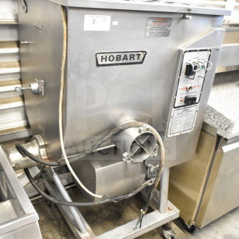 Hobart 4346 commercial meat mixer grinder, floor style, on casters, 200V, 3-phase, visible controls and logo, used condition.