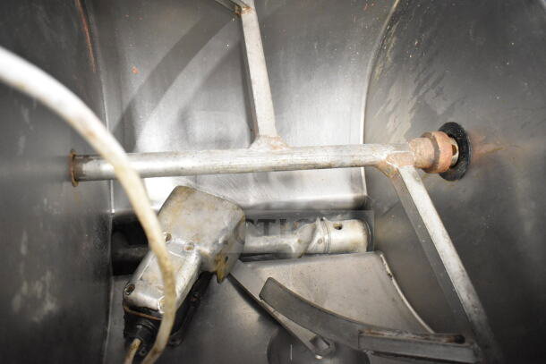 Hobart 4346 meat mixer grinder interior, showing mixing arm and components. 200V, 3 phase, on commercial casters.