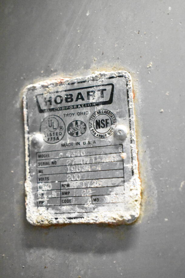 Hobart 4346 Commercial Meat Mixer Grinder label, 200V, 3 phase, model info and certifications visible, used condition.