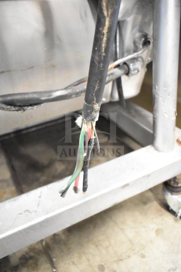 Hobart 4346 commercial meat mixer grinder on casters, 200V, 3-phase. Exposed wires indicate the need for electrical repair.