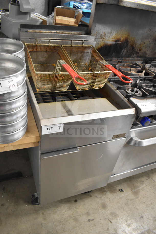 Cooler Depot CCF5-NG commercial gas fryer, 150,000 BTU, dual baskets, stainless steel, floor model, visible wear.