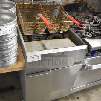 Cooler Depot CCF5-NG commercial gas fryer, 150,000 BTU, dual baskets, stainless steel, floor model, visible wear.