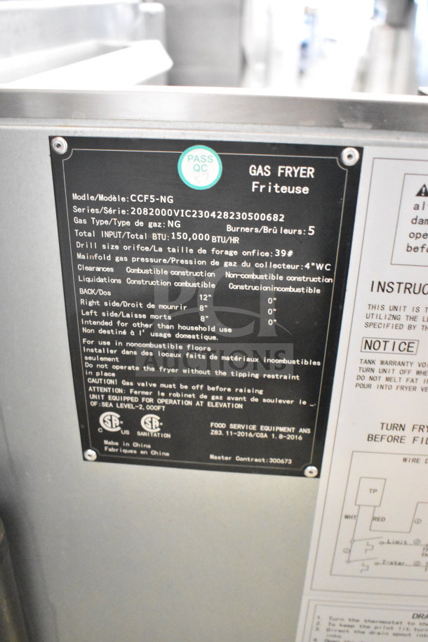 Cooler Depot CCF5-NG commercial deep fat fryer, natural gas-powered, 150,000 BTU, label showing model and safety details.