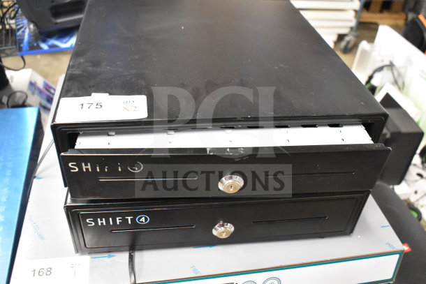 Two Shift4 black metal cash drawers with key locks. Visible label reads "175 X2". Items in used condition.