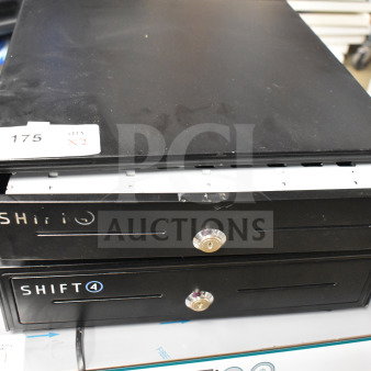Two Shift4 black metal cash drawers with key locks. Visible label reads "175 X2". Items in used condition.
