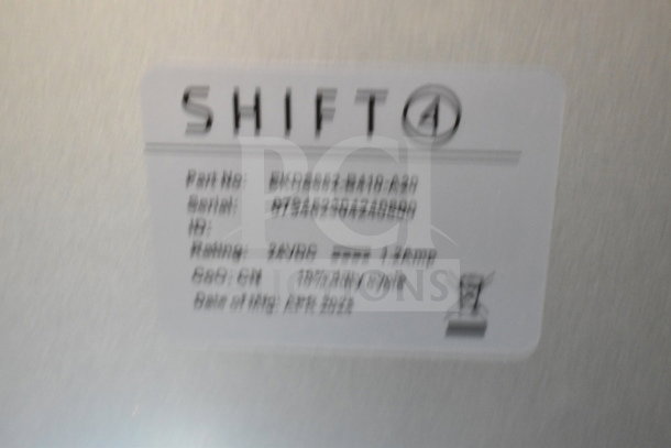 Alt text: "Shift4 cash drawer label with part number EKDS652-B410-A30, 24VDC rating, and manufacturing date of April 2021."