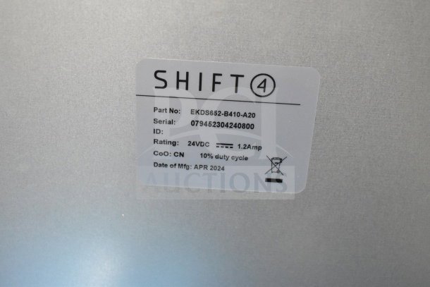 SHIFT4 cash drawer label, part no. EKDS652-B410-A20, serial 079452304240800, 24VDC, 1.2Amp, made April 2024.