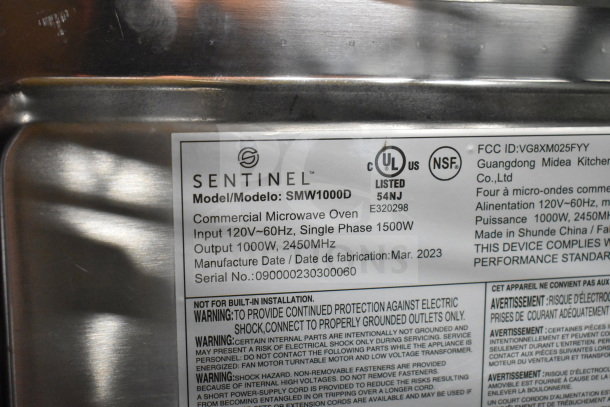 Sentinel SMW1000D commercial countertop microwave oven, 120V, 1 phase, 1000W output. Manufactured March 2023, UL listed.