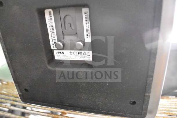 3 POS Monitors including Pax L1400, model and certification labels visible, black casing, in good condition.