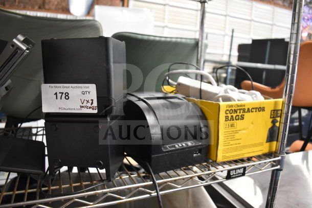 7 receipt printers including SNBC BTP-S80, Epson M374C, shown stacked on a metal shelf. Auction tag reads "178".
