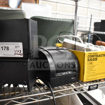 7 receipt printers including SNBC BTP-S80, Epson M374C, shown stacked on a metal shelf. Auction tag reads "178".