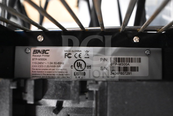 7 receipt printers including SNBC BTP-S80 and Epson M374C. Features visible SNBC label, 110-240V, UL listed.