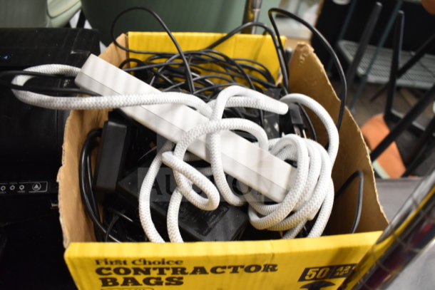 Box containing cables and adapters for receipt printers, including SNBC BTP-S80 and Epson M374C models.