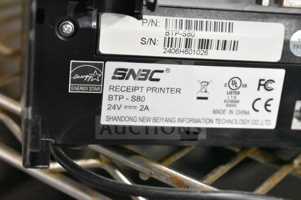 Seven receipt printers including SNBC BTP-S80 and Epson M374C. Features include Energy Star rating, 24V, 2A specs.