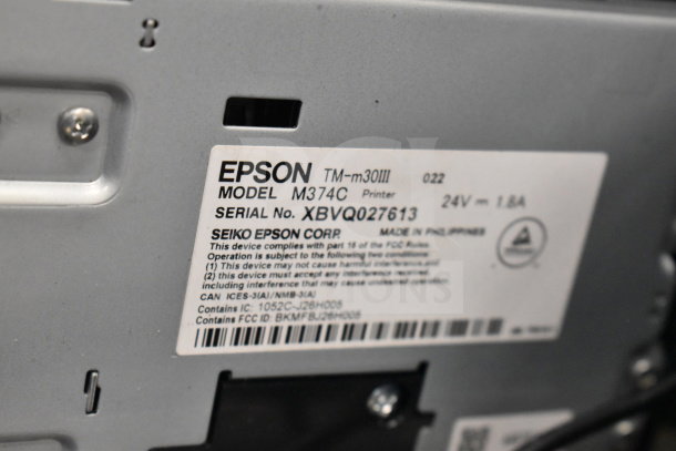 Seven receipt printers including SNBC BTP-S80, Epson M374C; models visible with serial and FCC compliance details.