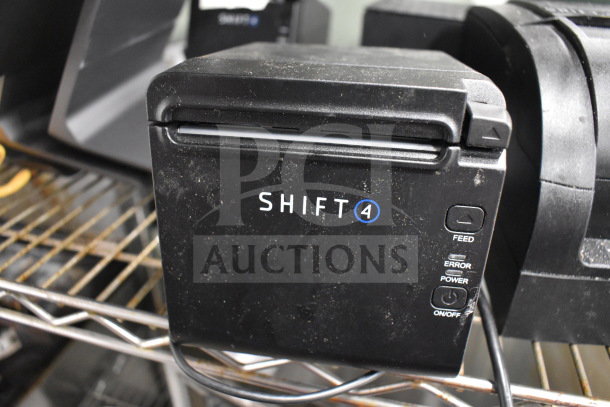 Seven receipt printers including SNBC BTP-S80, Epson M374C; visible Shift4 label. Used condition with minor wear.