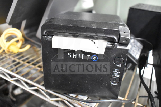 Seven receipt printers including SNBC BTP-S80 and Epson M374C. Features Shift4 branding, visible buttons.