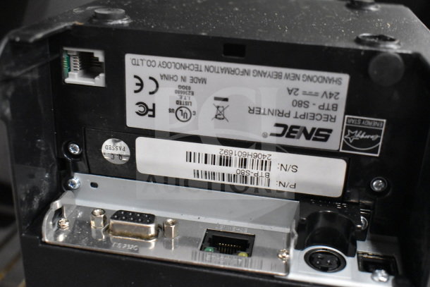 Close-up of SNBC BTP-S80 receipt printer with visible label showing model and serial number. Part of a 7-unit bundle.