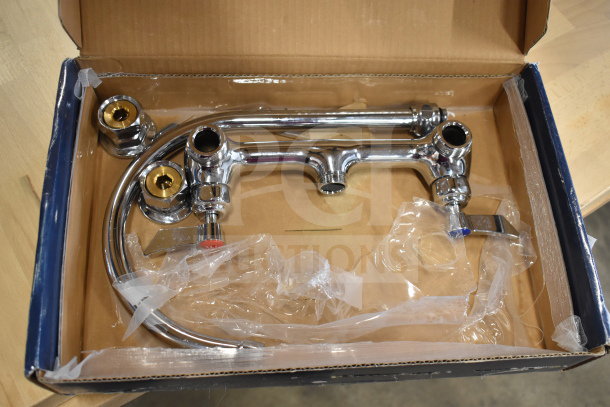 BRAND NEW Waterloo 750FW88G wall-mount faucet with 8" gooseneck spout, visible scratches and dents, in original packaging.