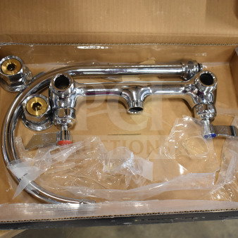BRAND NEW Waterloo 750FW88G wall-mount faucet with 8" gooseneck spout, visible scratches and dents, in original packaging.