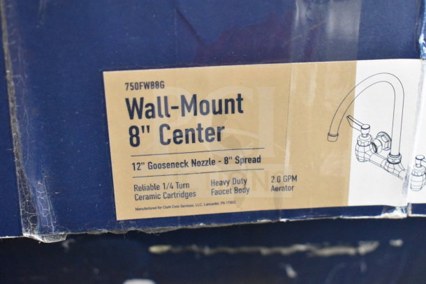 BRAND NEW SCRATCH AND DENT Waterloo 750FW88G wall-mount faucet box. Features 8" gooseneck spout and 8" centers. Reliable ceramic cartridges.