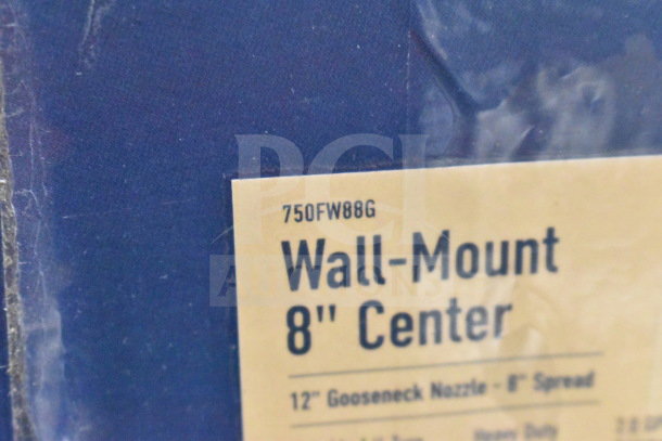 BRAND NEW SCRATCH AND DENT! Waterloo 750FW88G wall-mount faucet, 8" gooseneck spout, 8" centers, visible label.