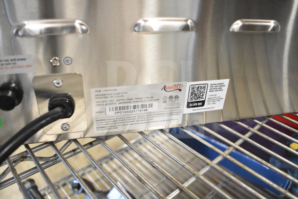 Brand new Avantco 177DPO18S single deck pizza oven, 120V, 1 phase. Scratch and dent model with visible power connection label.