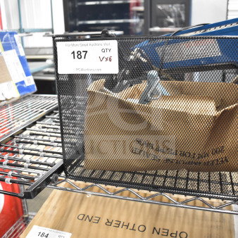 Brand new scratch and dent items including Yeler Plastic Film Sealer and metal black basket; auction label "187 QTY 6."