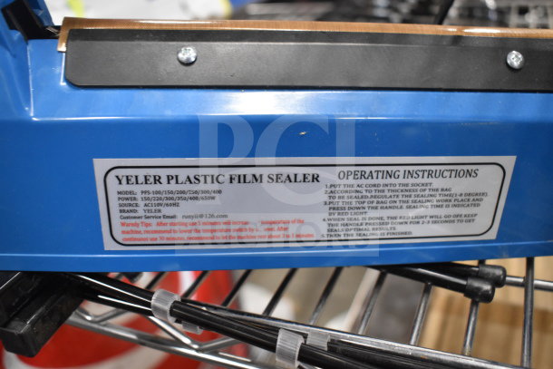 Yeler Plastic Film Sealer, model PFS-100/150/200/250/300/400, new condition. Includes operating instructions label.
