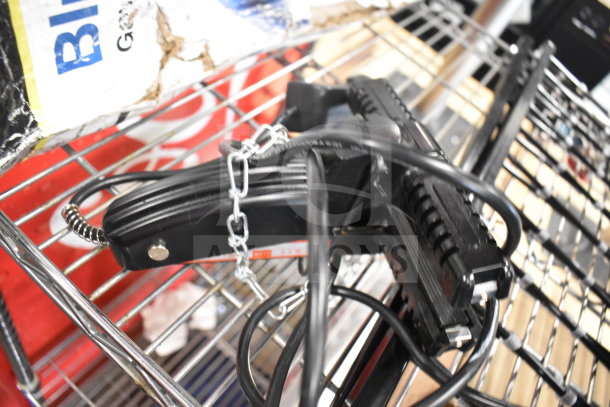 6 new items including Yeler plastic film sealer, metal and black basket, slight scratches, as-is packaging visible.