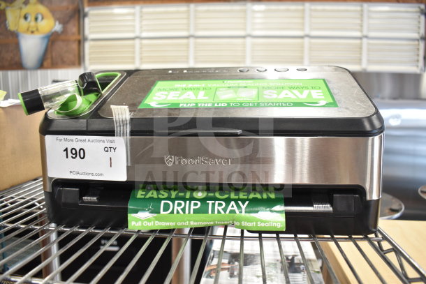 Brand new FoodSaver V4840 vacuum sealer, 120V, 1 Phase. Features easy-to-clean drip tray. Scratch and dent condition.