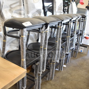 12 new Lancaster Table & Seating 164BCROSSFRN black cross back bar chairs with seat cushions, in packaging, minor scratches.