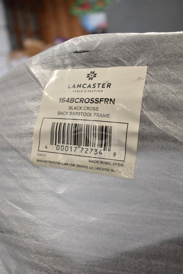 Lancaster 164BCROSSFRN Black Cross Back Bar Chair label, new condition, scratch and dent, with seat cushions, 12 available.